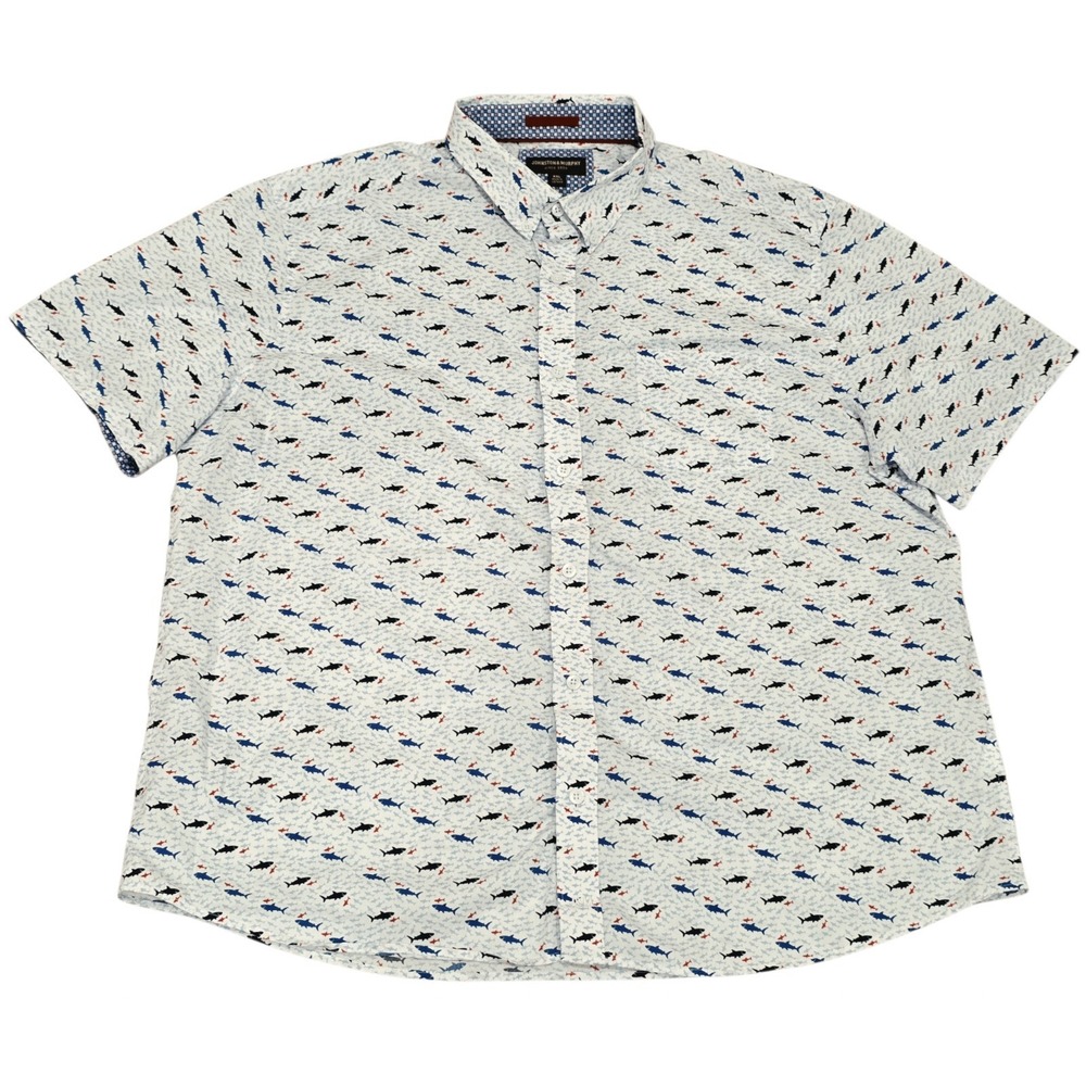 Johnston & Murphy Mens XXL Shark Fish Print Short Sleeve Button Down Shirt White